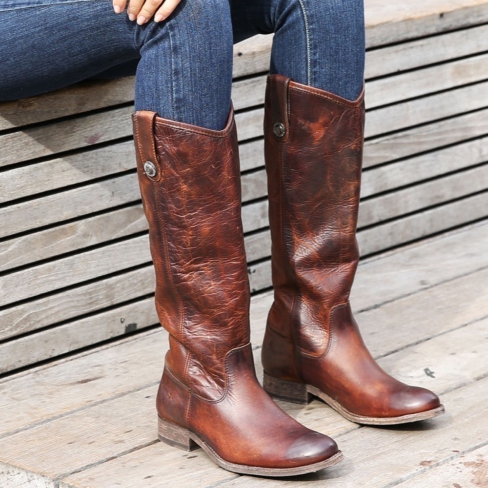 Frye Melissa Button Brown Leather Knee High Boot
